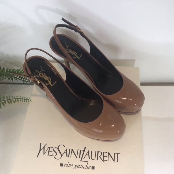 YVES SAINT LAURENT VITELLO VERN PATENT LEATHER SLINGBACK STILETTO HEELS NUDE 7.5 - Picture 6 of 16